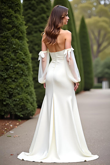Sheath White Off The Shoulder Crepe Long Formal Dress